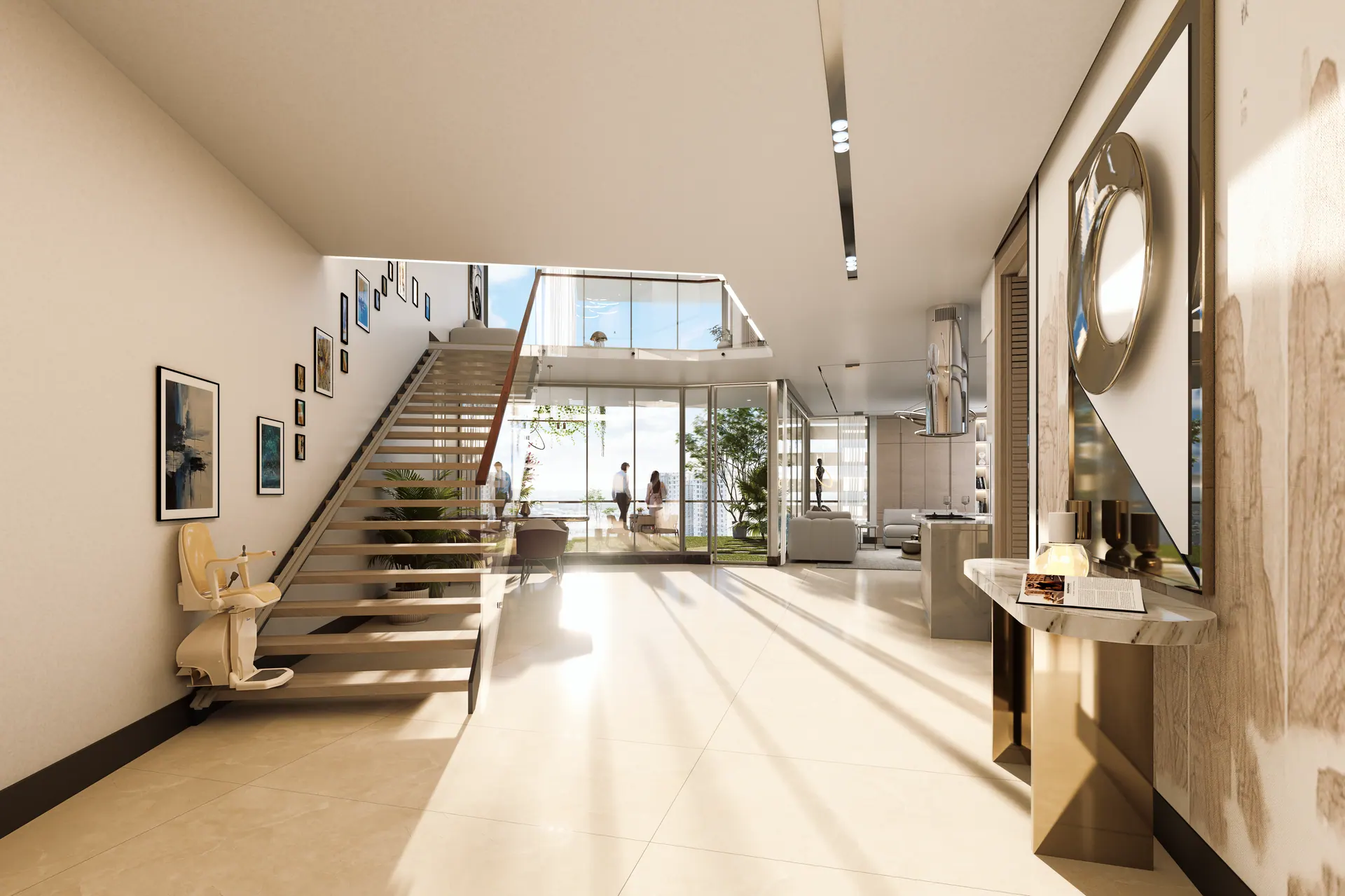 A double-height living room at Lakhani Sky Homes, the stair rising through it