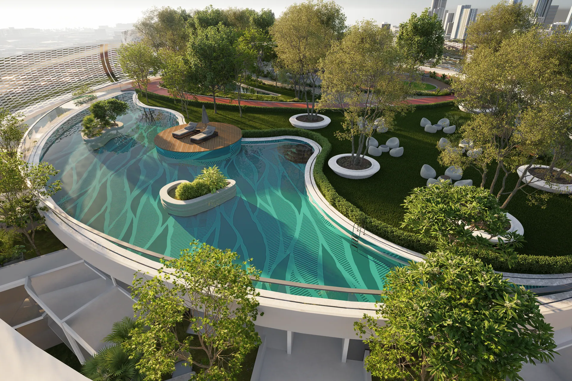 The Lakhani Sky Homes amenity deck, its pool cut into the planting