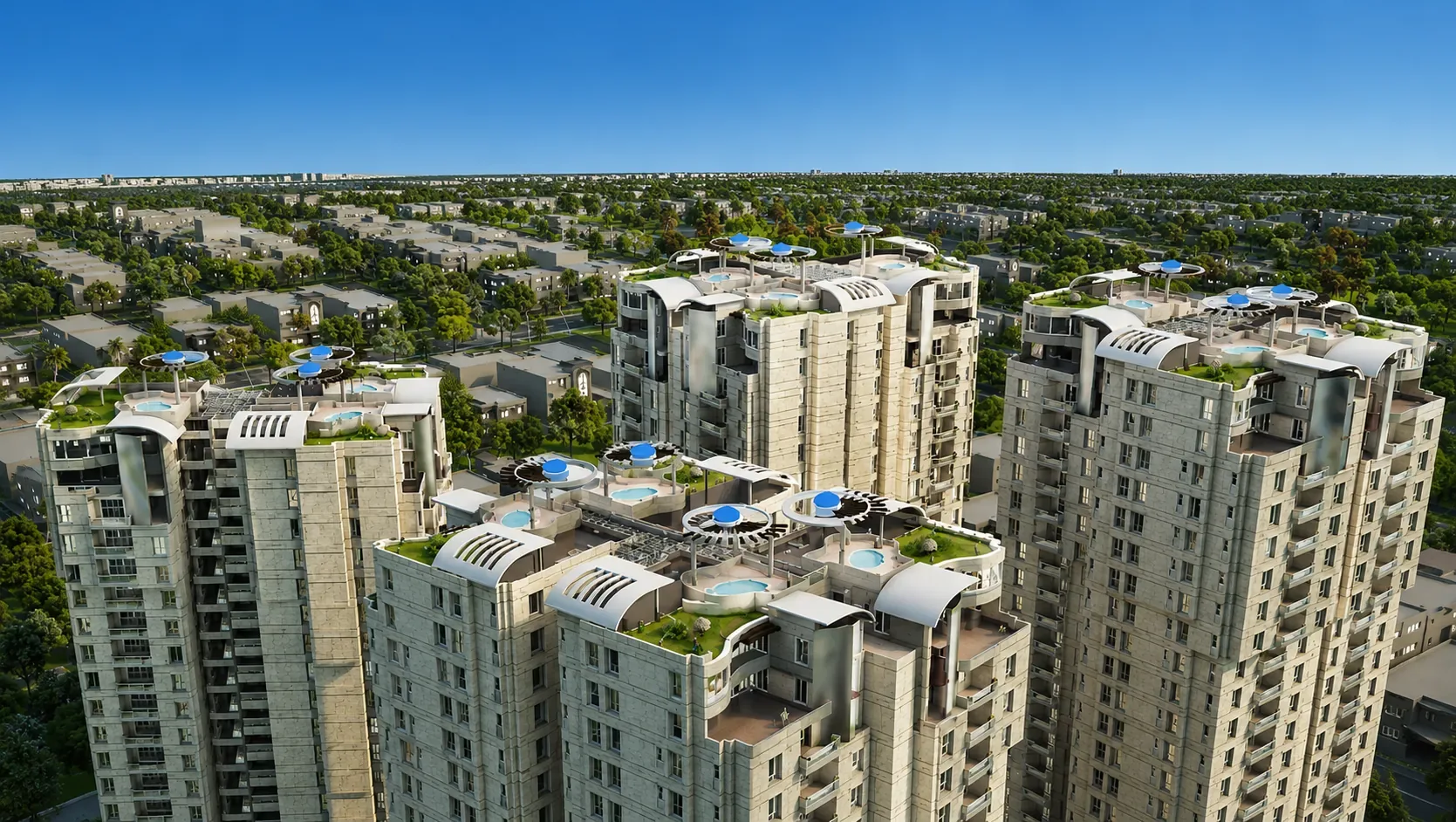 The Presidency towers from above, roof terraces and planting on every crown.