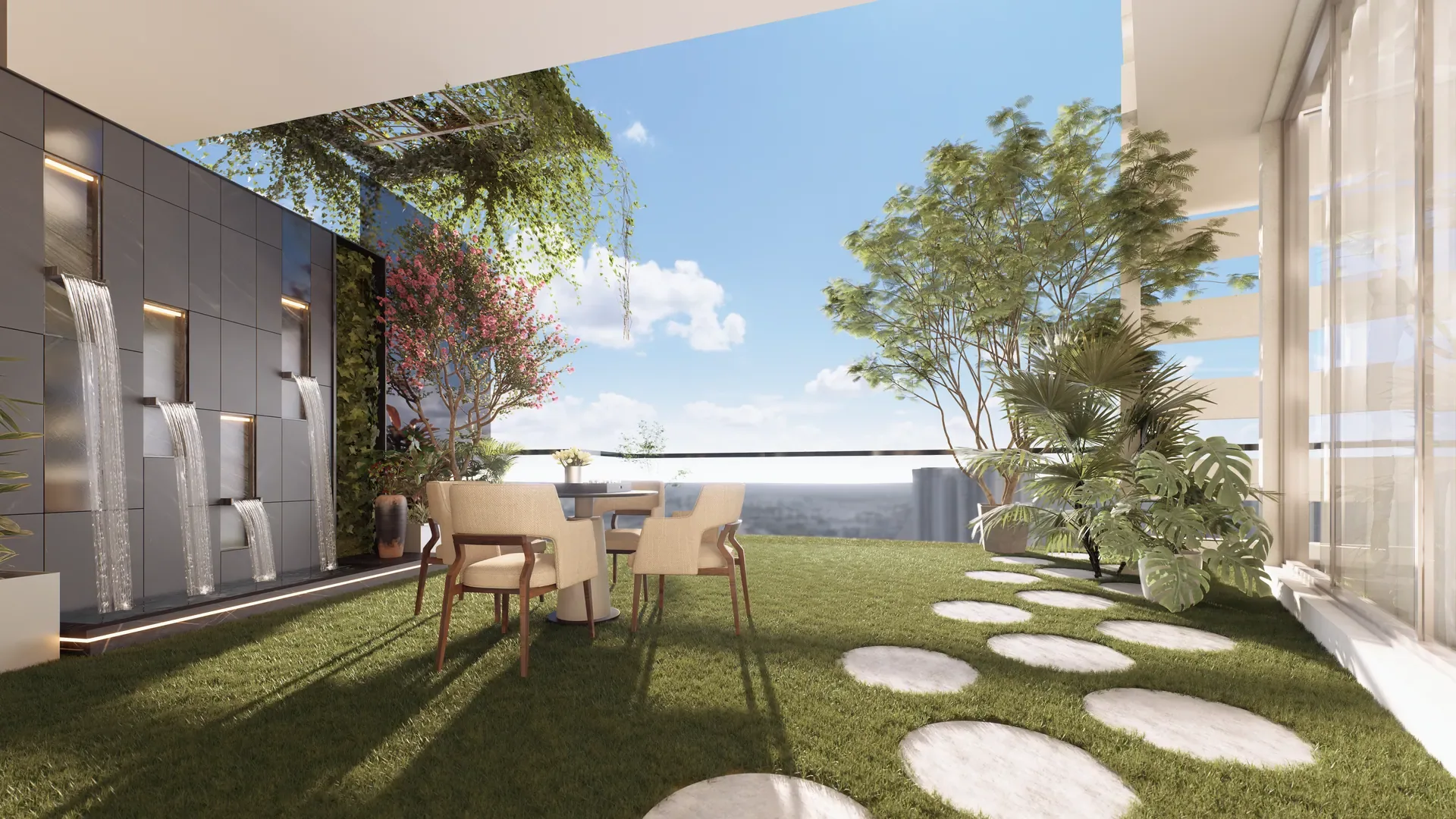 A Sky Homes residence terrace with seating and planting, the city beyond it.